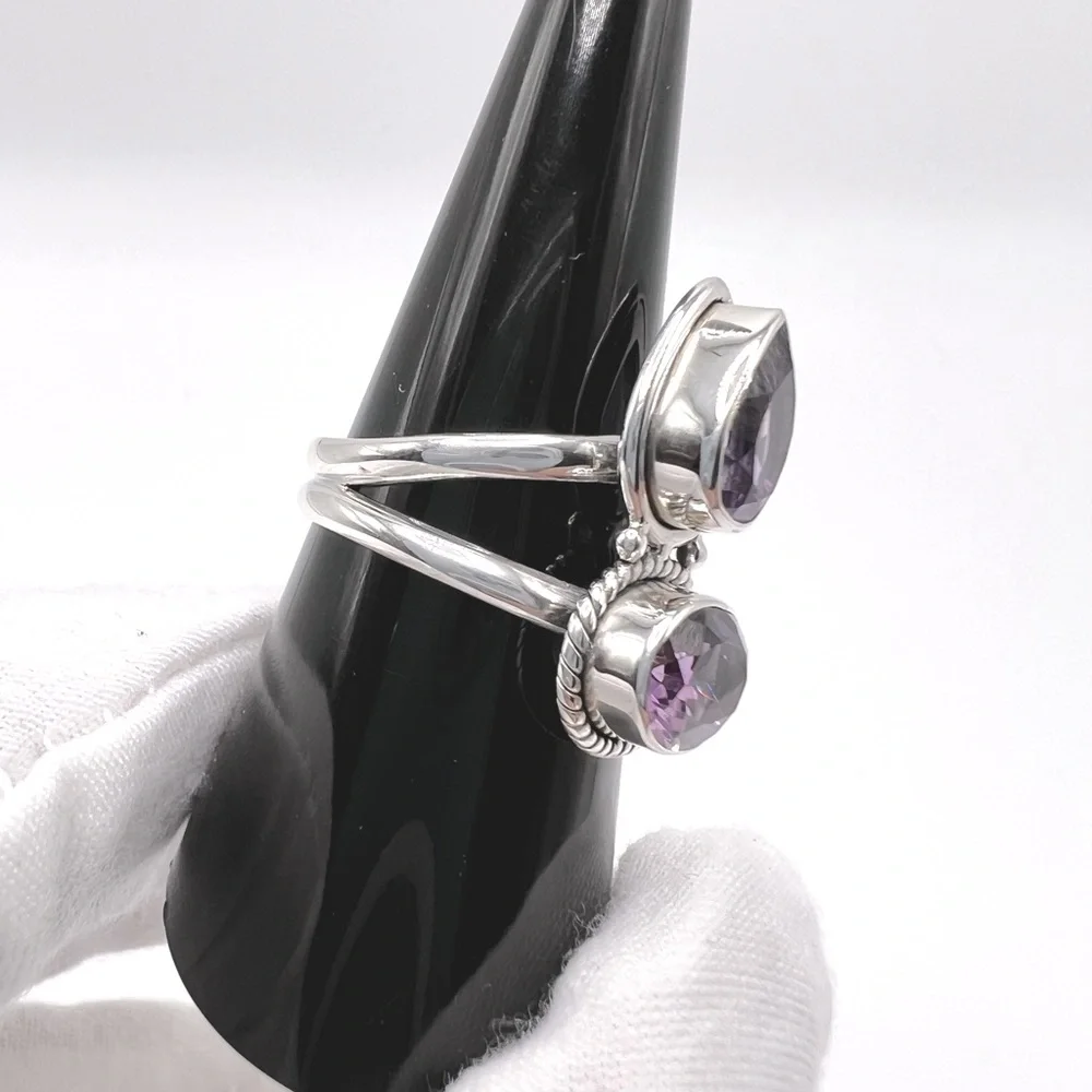 Genuine Faceted Amethyst Oval & Tear Drop .925 Sterling Silver Ring - Picture 6 of 17